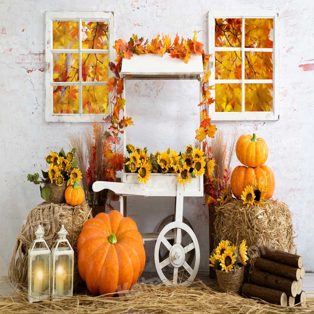 Kate Fall Straw Backdrop Pumpkin Maple Leaf Designed by Emetselch - Kate Backdrop AU