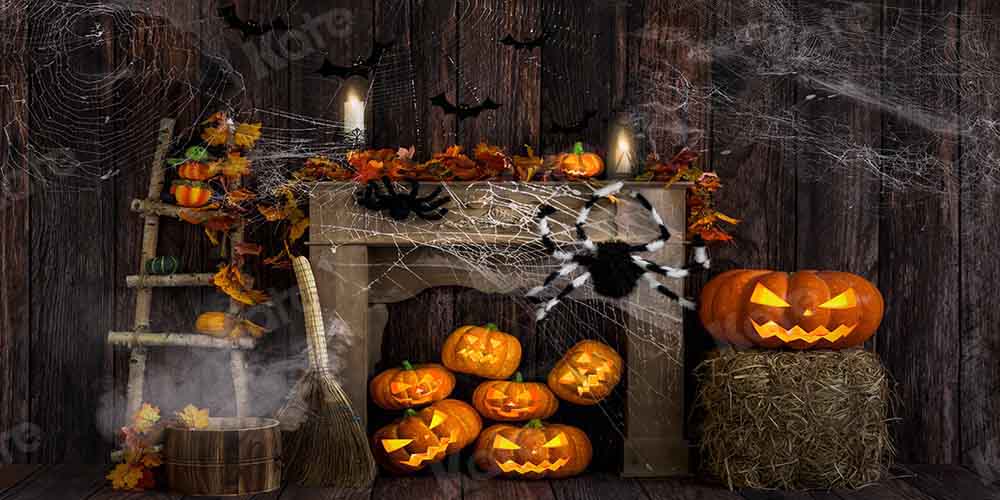 Kate Halloween Backdrop Fall Wood Grain Spider Web Designed by Emetselch - Kate Backdrop AU