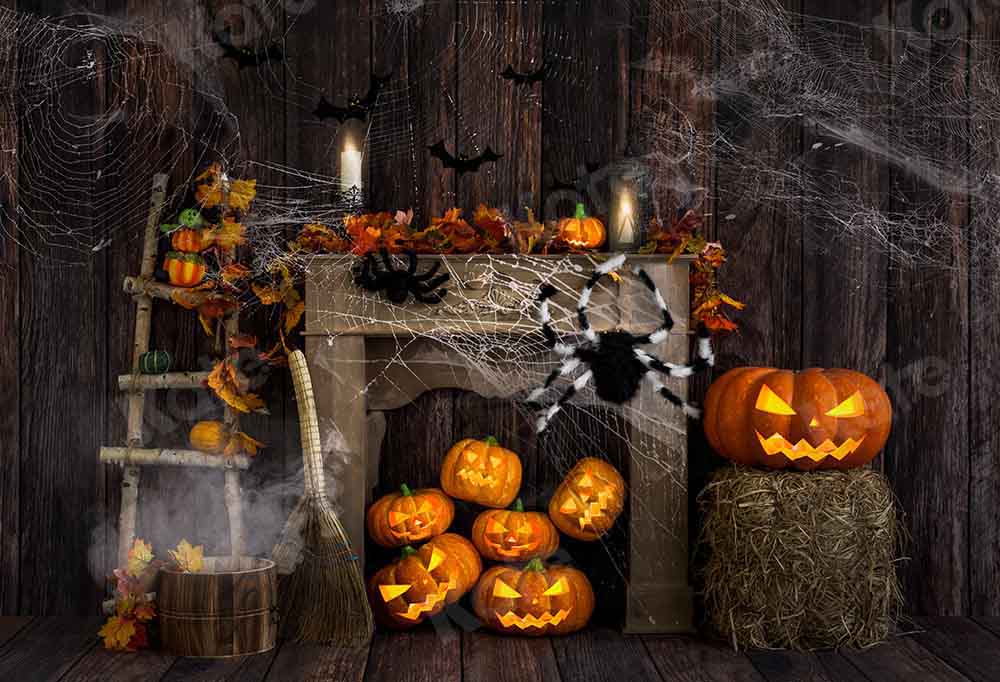 Kate Halloween Backdrop Fall Wood Grain Spider Web Designed by Emetselch - Kate Backdrop AU