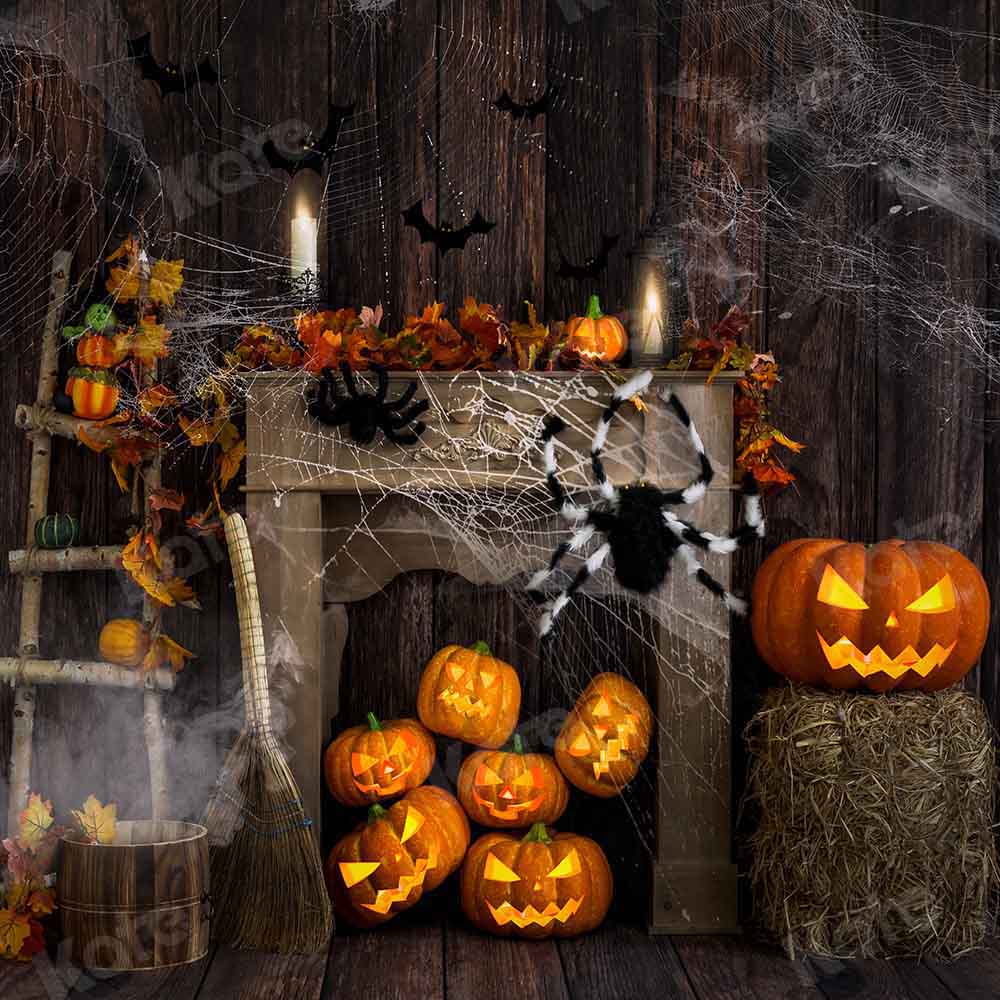 Kate Halloween Backdrop Fall Wood Grain Spider Web Designed by Emetselch - Kate Backdrop AU