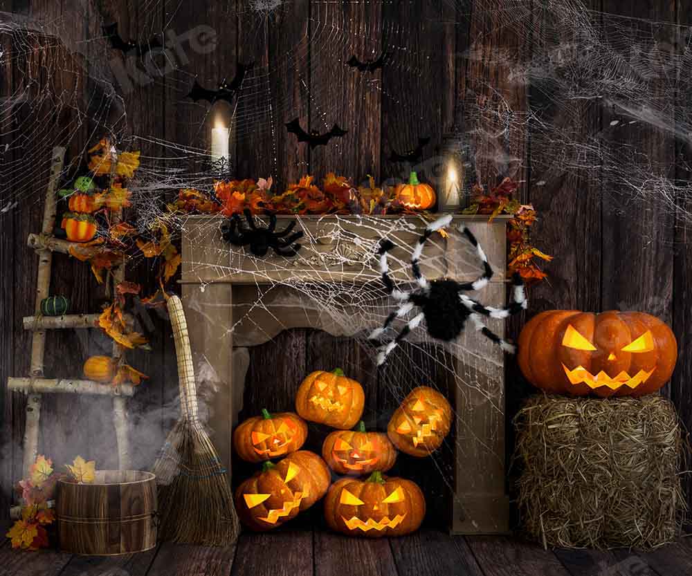 Kate Halloween Backdrop Fall Wood Grain Spider Web Designed by Emetselch - Kate Backdrop AU