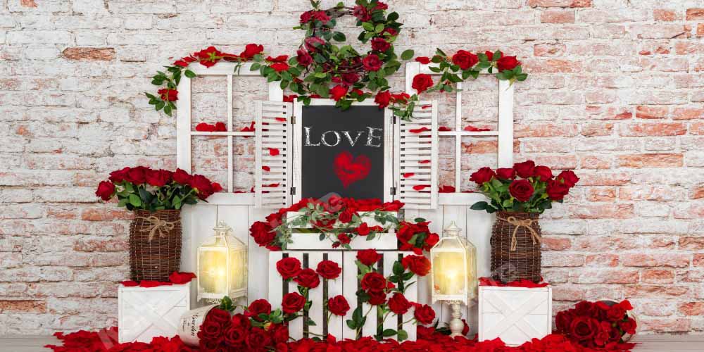 Kate Valentine's Day Rose Backdrop Wooden Door Brick Wall Designed by Emetselch - Kate Backdrop AU