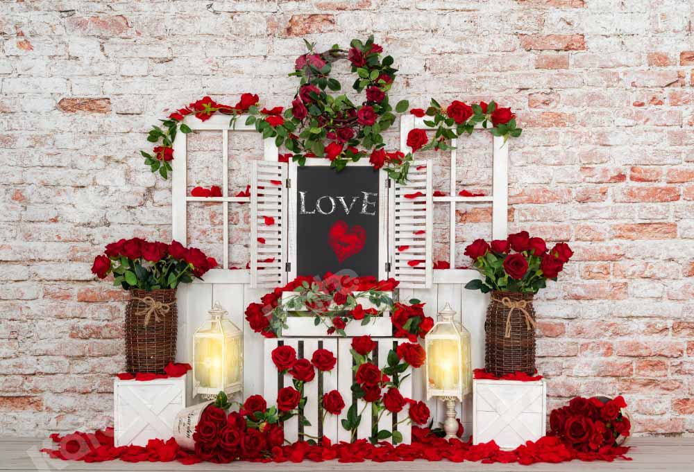 Kate Valentine's Day Rose Backdrop Wooden Door Brick Wall Designed by Emetselch - Kate Backdrop AU