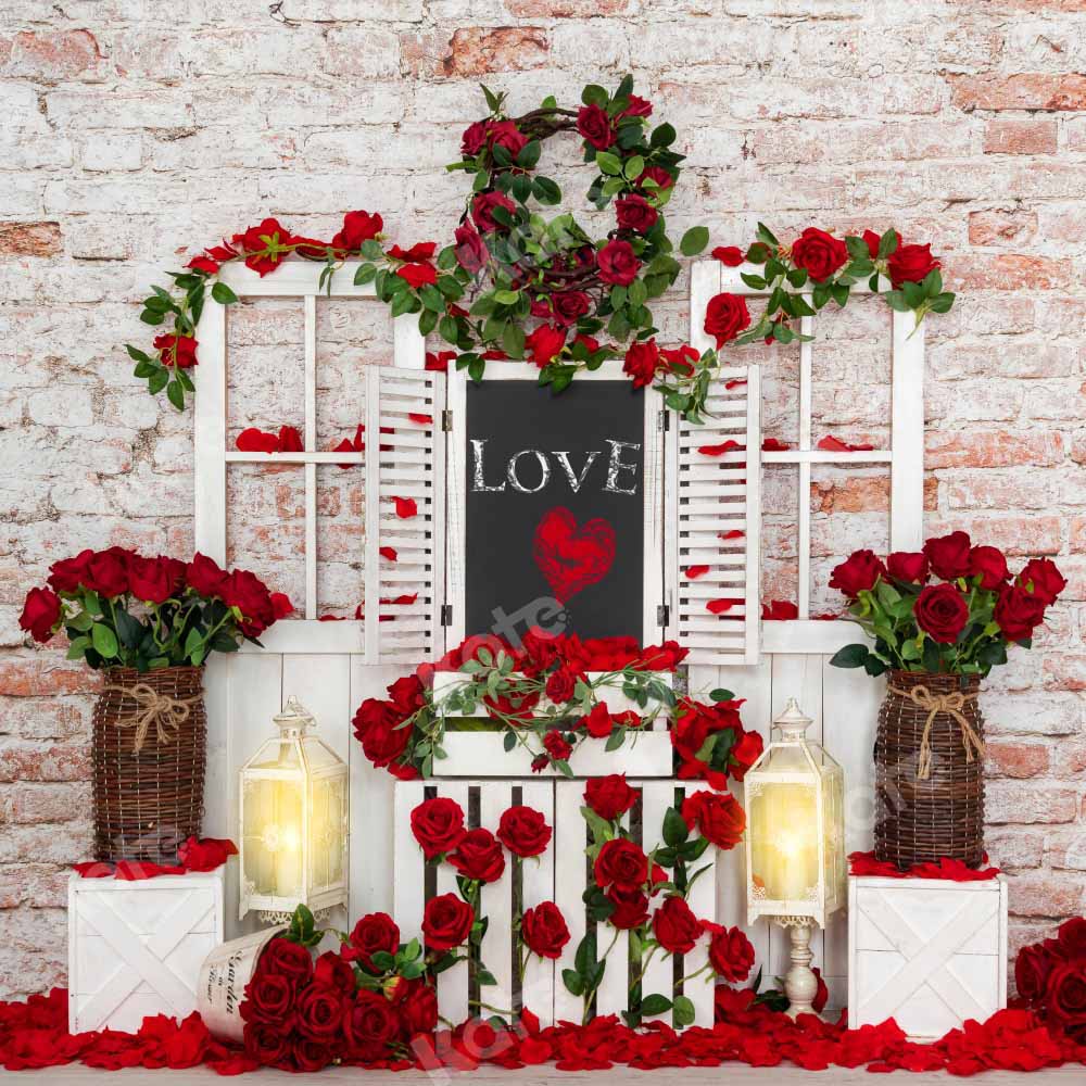 Kate Valentine's Day Rose Backdrop Wooden Door Brick Wall Designed by Emetselch - Kate Backdrop AU