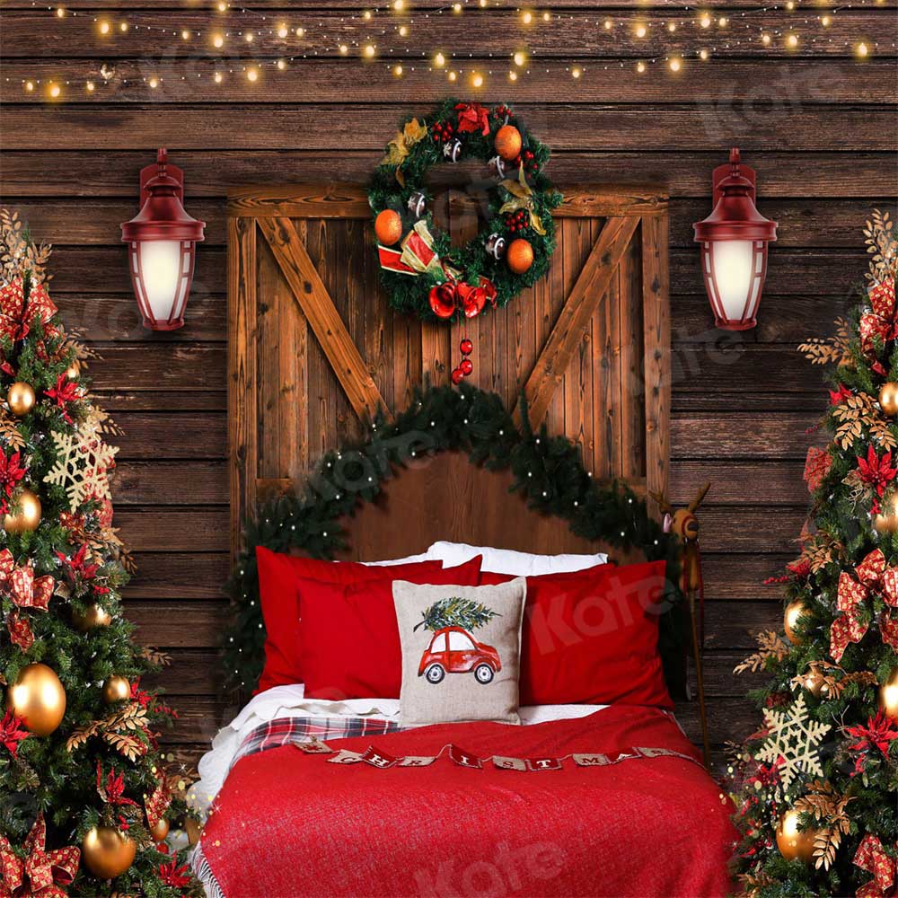 Kate Chalet Christmas Backdrop Barn Door Bed Red Pillow for Photography - Kate Backdrop AU