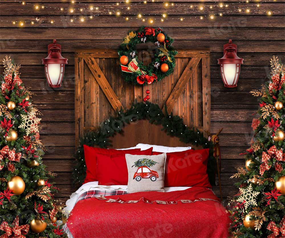 Kate Chalet Christmas Backdrop Barn Door Bed Red Pillow for Photography - Kate Backdrop AU