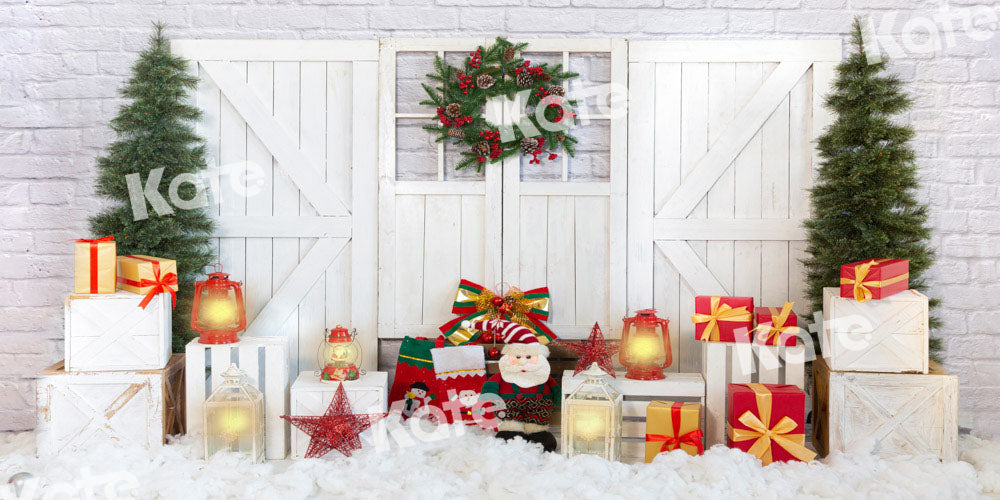 Kate Christmas Backdrop White Barn Door Gift Snow Designed by Emetselch - Kate Backdrop AU