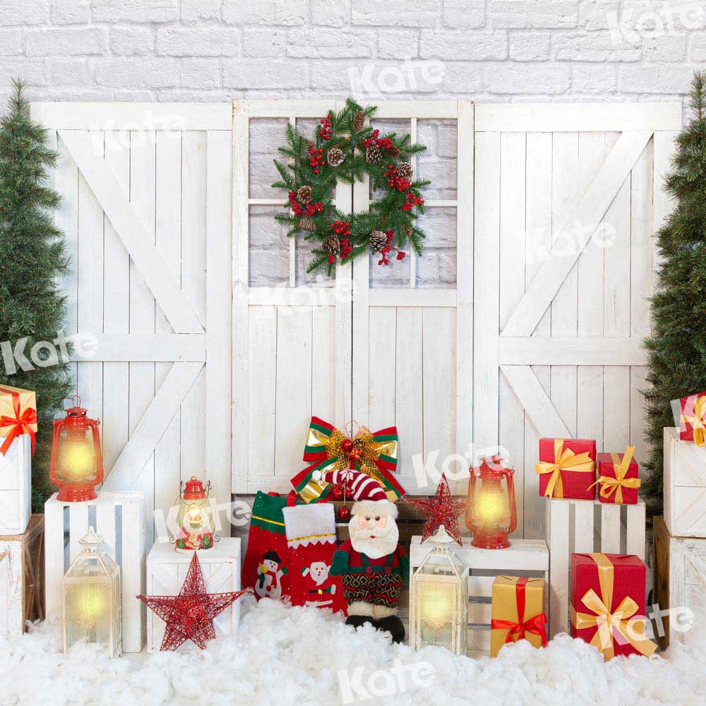 Kate Christmas Backdrop White Barn Door Gift Snow Designed by Emetselch - Kate Backdrop AU