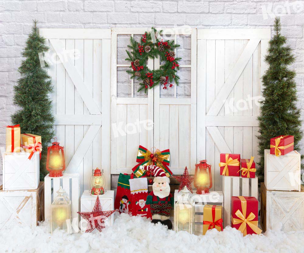 Kate Christmas Backdrop White Barn Door Gift Snow Designed by Emetselch - Kate Backdrop AU