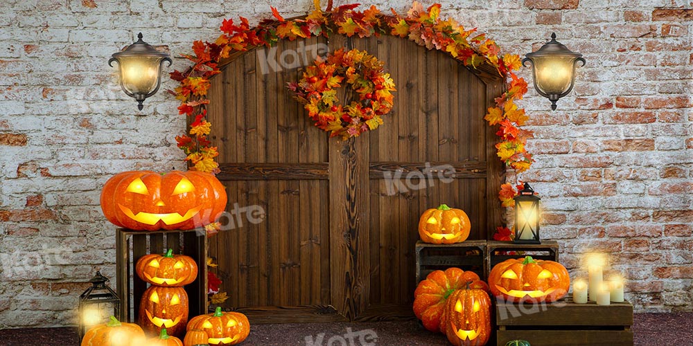 Kate Halloween Barn Door Backdrop Leaves Pumpkin Designed by Emetselch - Kate Backdrop AU