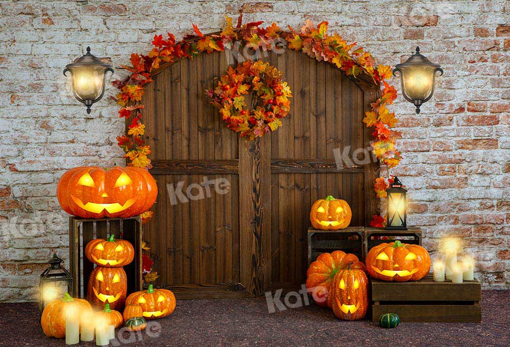 Kate Halloween Barn Door Backdrop Leaves Pumpkin Designed by Emetselch - Kate Backdrop AU
