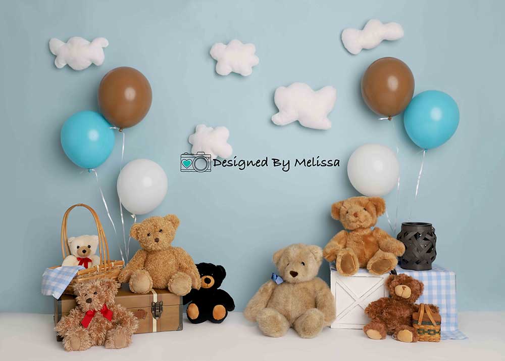 Kate Blue Teddy Bear Backdrop Birthday Picnic Designed by Melissa King - Kate Backdrop AU