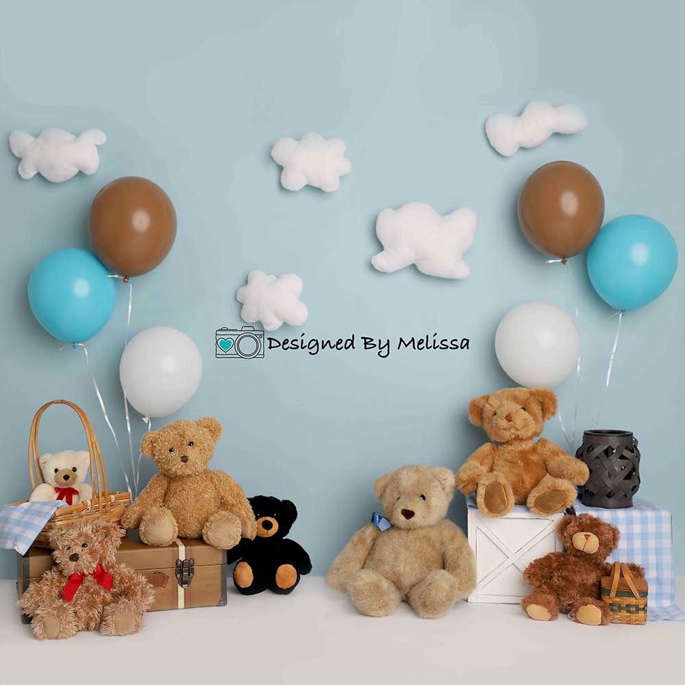 Kate Blue Teddy Bear Backdrop Birthday Picnic Designed by Melissa King - Kate Backdrop AU
