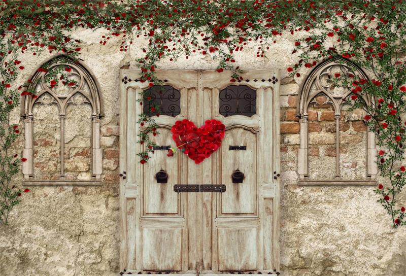 Kate Valentine's Day Backdrop Brick Wall Wooden Door House for Photography - Kate Backdrop AU