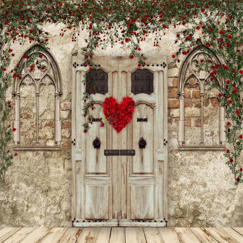 Kate Valentine's Day Backdrop Brick Wall Wooden Door House for Photography - Kate Backdrop AU