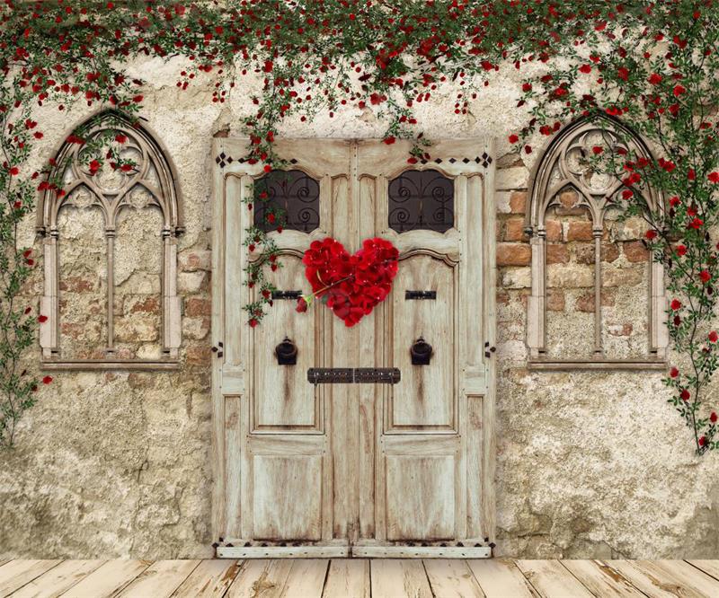 Kate Valentine's Day Backdrop Brick Wall Wooden Door House for Photography - Kate Backdrop AU