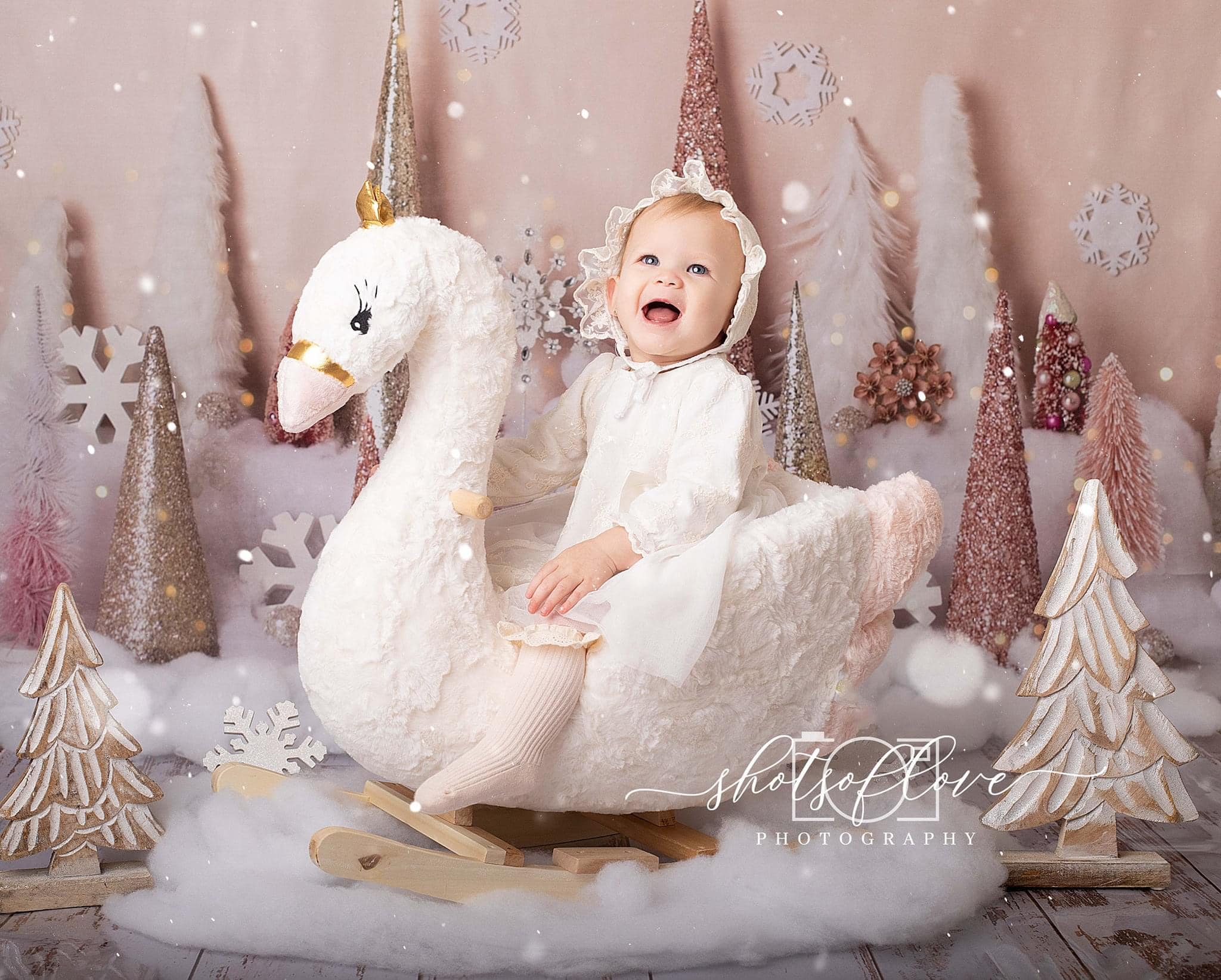 Kate Winter Wonderland Trees Backdrop New Year Pink Gold Designed by Mandy Ringe Photography - Kate Backdrop AU