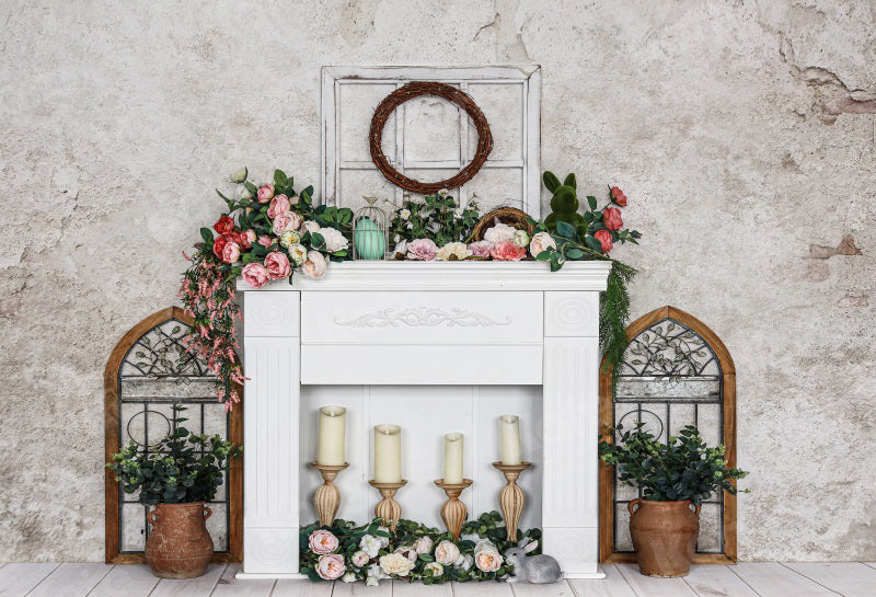 Kate Spring/Easter Flowers Backdrop Fireplace for Photography - Kate Backdrop AU