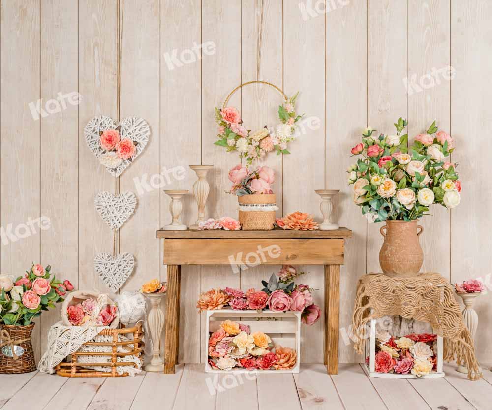 Kate Spring Flowers Backdrop Wooden Table Designed by Emetselch - Kate Backdrop AU