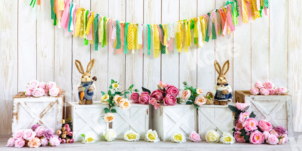 Kate Spring/Easter Bunny Backdrop Flower Wood Grain Wall Designed by Emetselch - Kate Backdrop AU