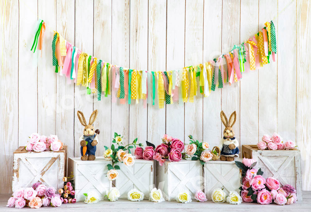 Kate Spring/Easter Bunny Backdrop Flower Wood Grain Wall Designed by Emetselch - Kate Backdrop AU