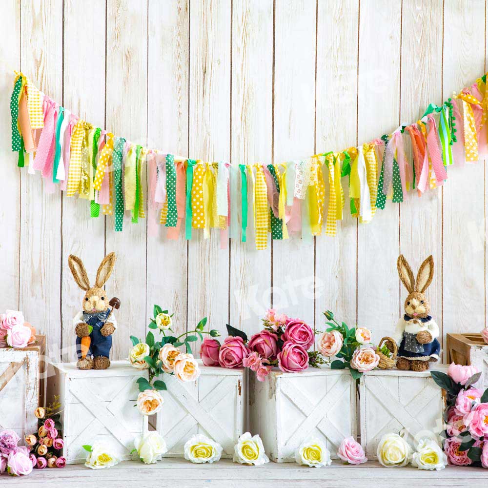 Kate Spring/Easter Bunny Backdrop Flower Wood Grain Wall Designed by Emetselch - Kate Backdrop AU