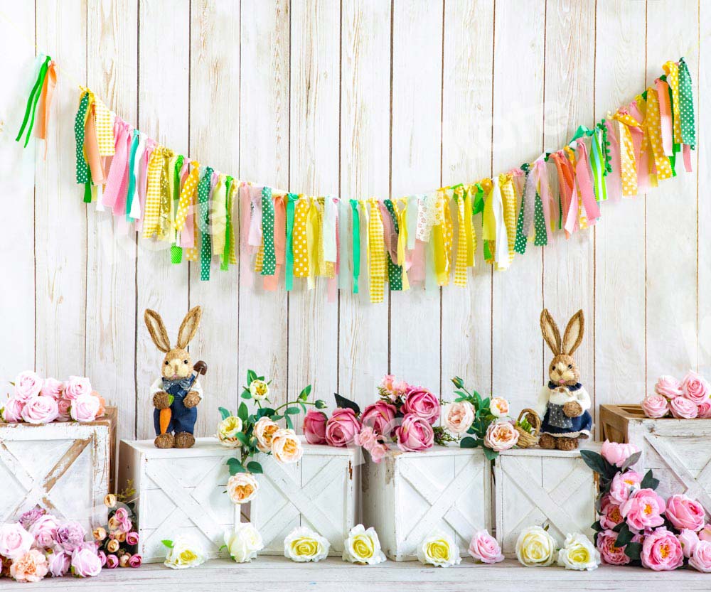 Kate Spring/Easter Bunny Backdrop Flower Wood Grain Wall Designed by Emetselch - Kate Backdrop AU