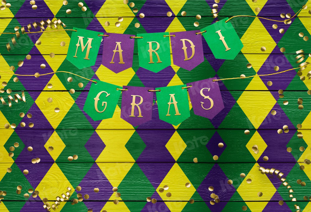 Kate Mardi Gras Backdrop Golden Ribbon Yello Green Purple for Photography - Kate Backdrop AU
