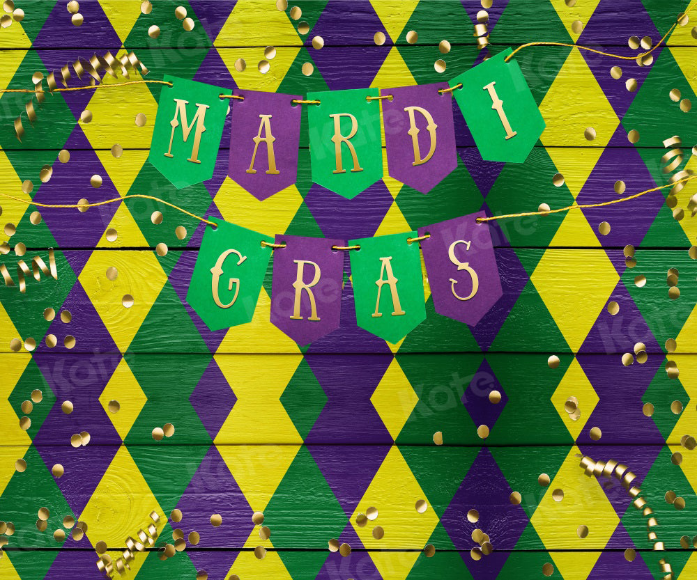 Kate Mardi Gras Backdrop Golden Ribbon Yello Green Purple for Photography - Kate Backdrop AU