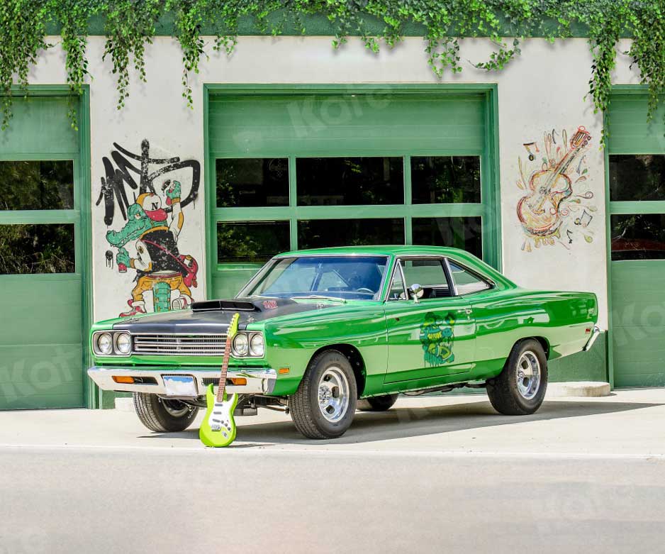 Kate Spring Backdrop Graffiti Guitar Green Coupe Car for Photography - Kate Backdrop AU