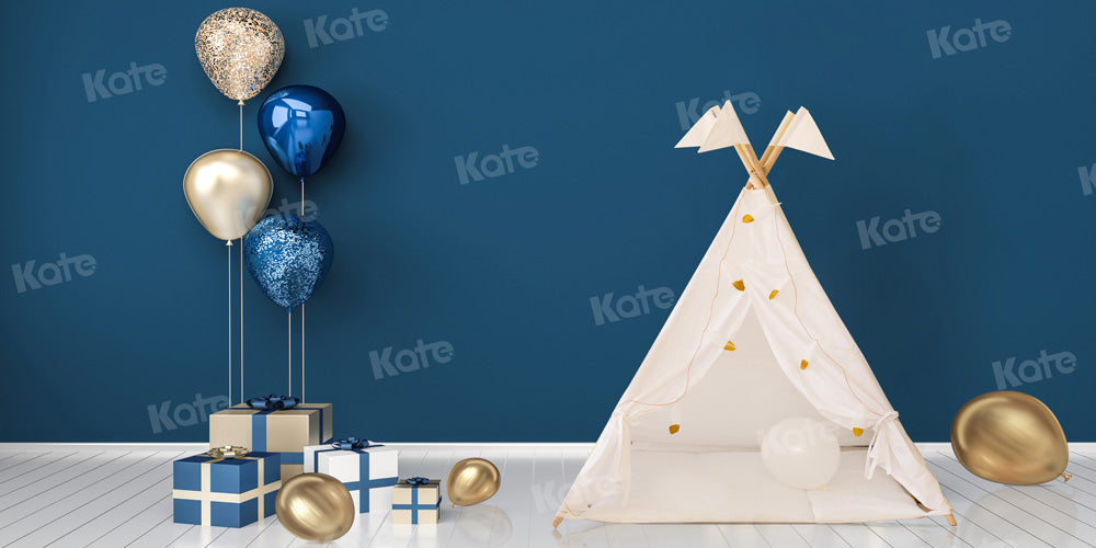 Kate Cake Smash Backdrop Blue Boho Tent Balloons Designed by Chain Photography - Kate Backdrop AU