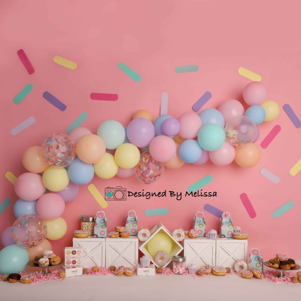 Kate Pink Donut Party Backdrop Cake Smash Designed by Melissa King - Kate Backdrop AU