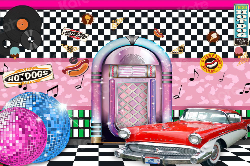 Kate Drive Dance 80's Party Backdrop Pink Disco Cars for Photography - Kate Backdrop AU