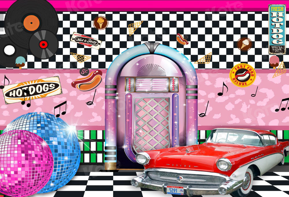 Kate Drive Dance 80's Party Backdrop Pink Disco Cars for Photography - Kate Backdrop AU