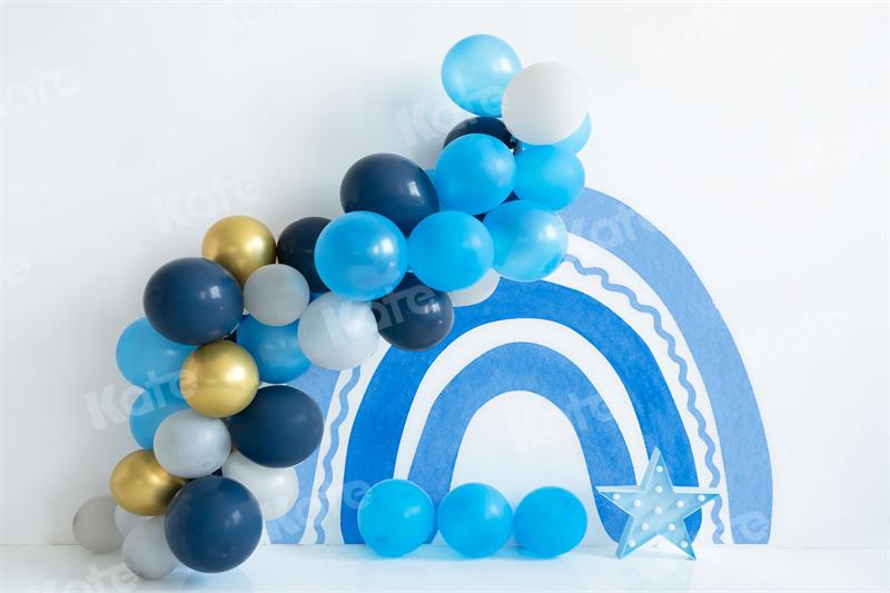 Kate Balloons Cake Smash Backdrop Blue Rainbow Boho Designed by Uta Mueller Photography - Kate Backdrop AU