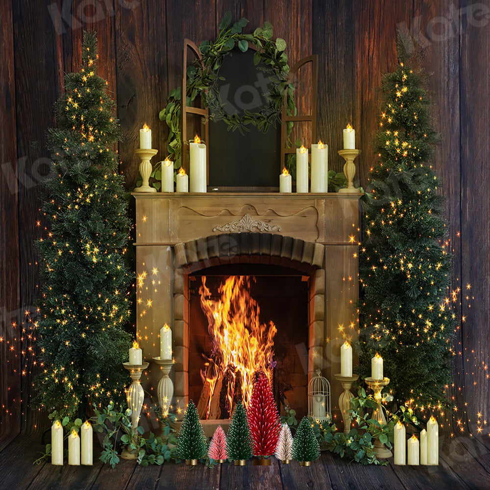 Kate Christmas Fireplace Backdrop Wood Grain Candle for Photography - Kate Backdrop AU