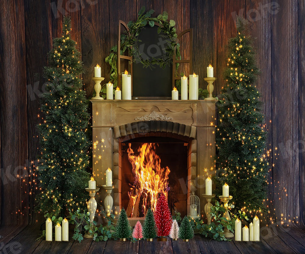 Kate Christmas Fireplace Backdrop Wood Grain Candle for Photography - Kate Backdrop AU