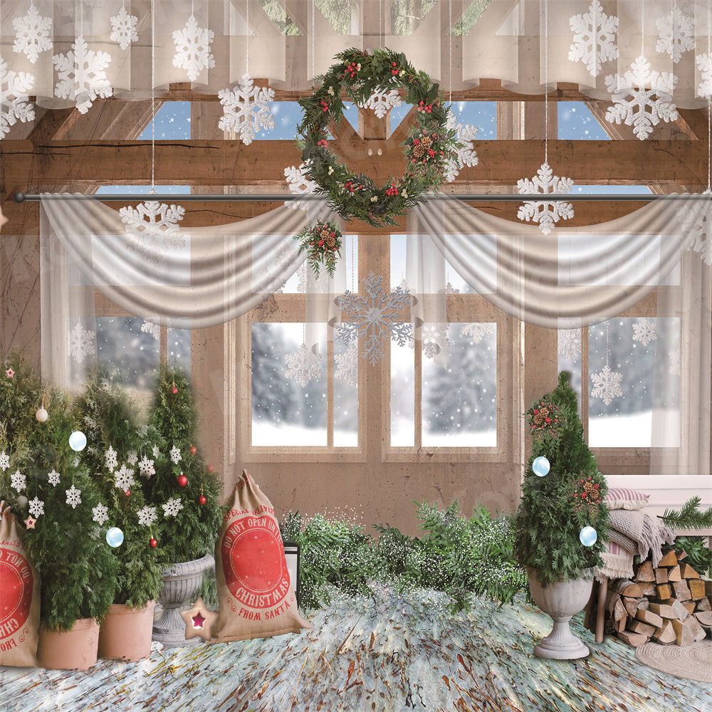 Kate Christmas Backdrop Tree Snow Outside Window Wood for Photography - Kate Backdrop AU