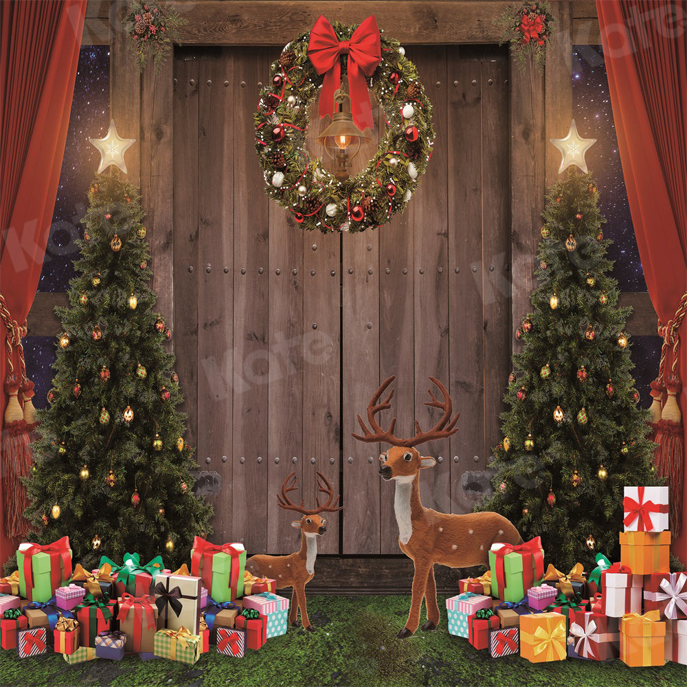 Kate Christmas Tree Backdrop Wooden Door Elk Starry Sky Gift for Photography - Kate Backdrop AU