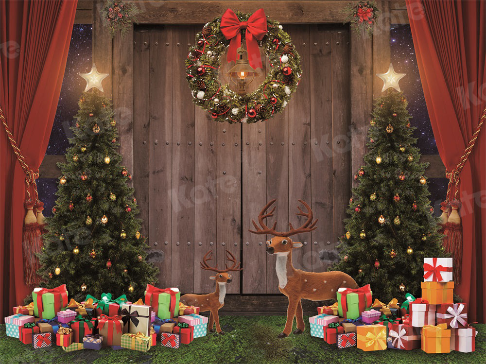 Kate Christmas Tree Backdrop Wooden Door Elk Starry Sky Gift for Photography - Kate Backdrop AU