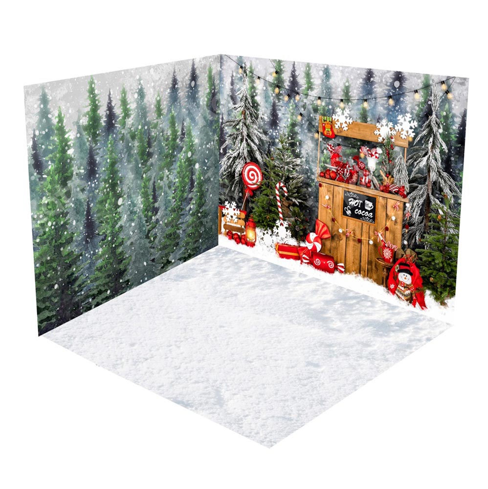 Kate Snow Christmas Forest Hot-cocoa Bokeh Candy Room Set(8ftx8ft&10ftx8ft&8ftx10ft) - Kate Backdrop AU