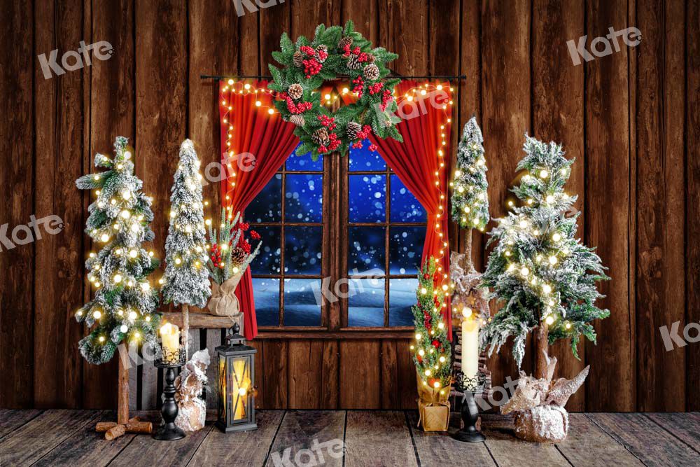 Kate Christmas Backdrop Retro Tree Snow Window Designed by Emetselch - Kate Backdrop AU