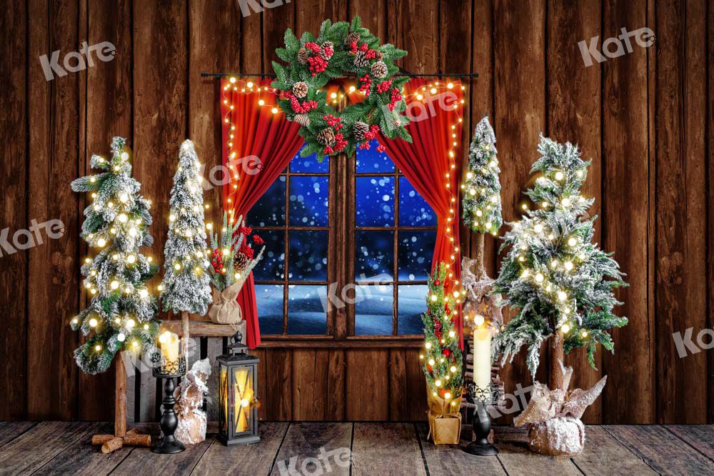 Kate Christmas Backdrop Retro Tree Snow Window Designed by Emetselch - Kate Backdrop AU