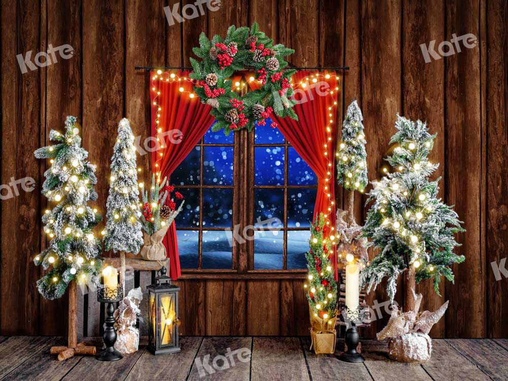 Kate Christmas Backdrop Retro Tree Snow Window Designed by Emetselch - Kate Backdrop AU
