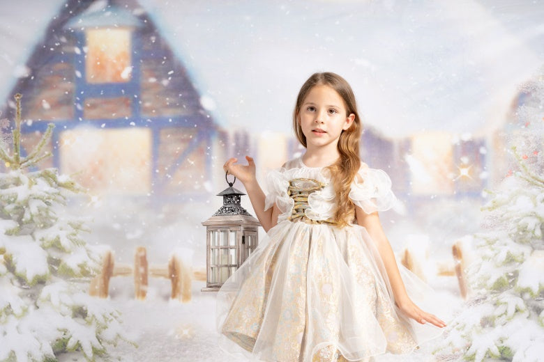 Kate Heavy Snow Cabin Christmas Backdrop+Kate White Retro Wooden Wall Rubber Floor Mat - Kate Backdrop AU