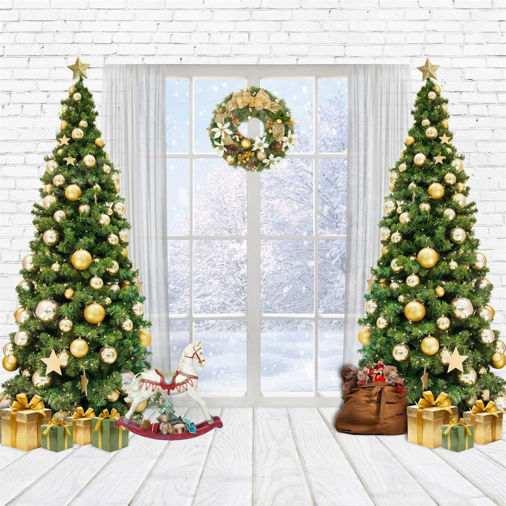 Kate Christmas Tree Backdrop Winter Snow Gift Trojan Horse Window for Photography - Kate Backdrop AU