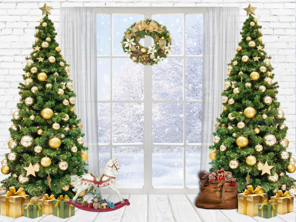Kate Christmas Tree Backdrop Winter Snow Gift Trojan Horse Window for Photography - Kate Backdrop AU