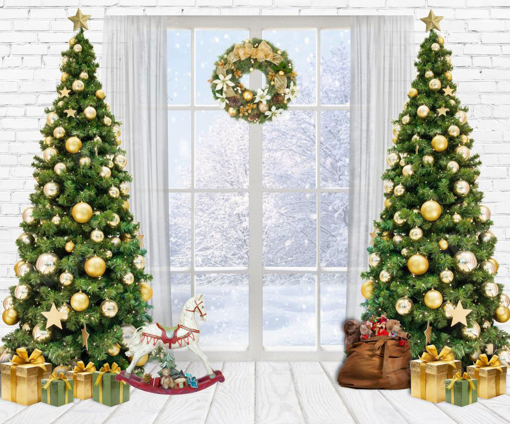 Kate Christmas Tree Backdrop Winter Snow Gift Trojan Horse Window for Photography - Kate Backdrop AU
