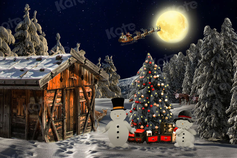 Kate Christmas Backdrop Outdoor Wooden House Tree Snowman for Photography - Kate Backdrop AU