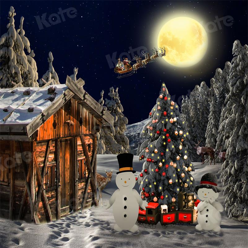 Kate Christmas Backdrop Outdoor Wooden House Tree Snowman for Photography - Kate Backdrop AU